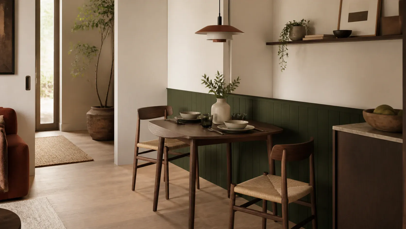 Rincón de comedor compacto con mesa abatible conceptual abierta.