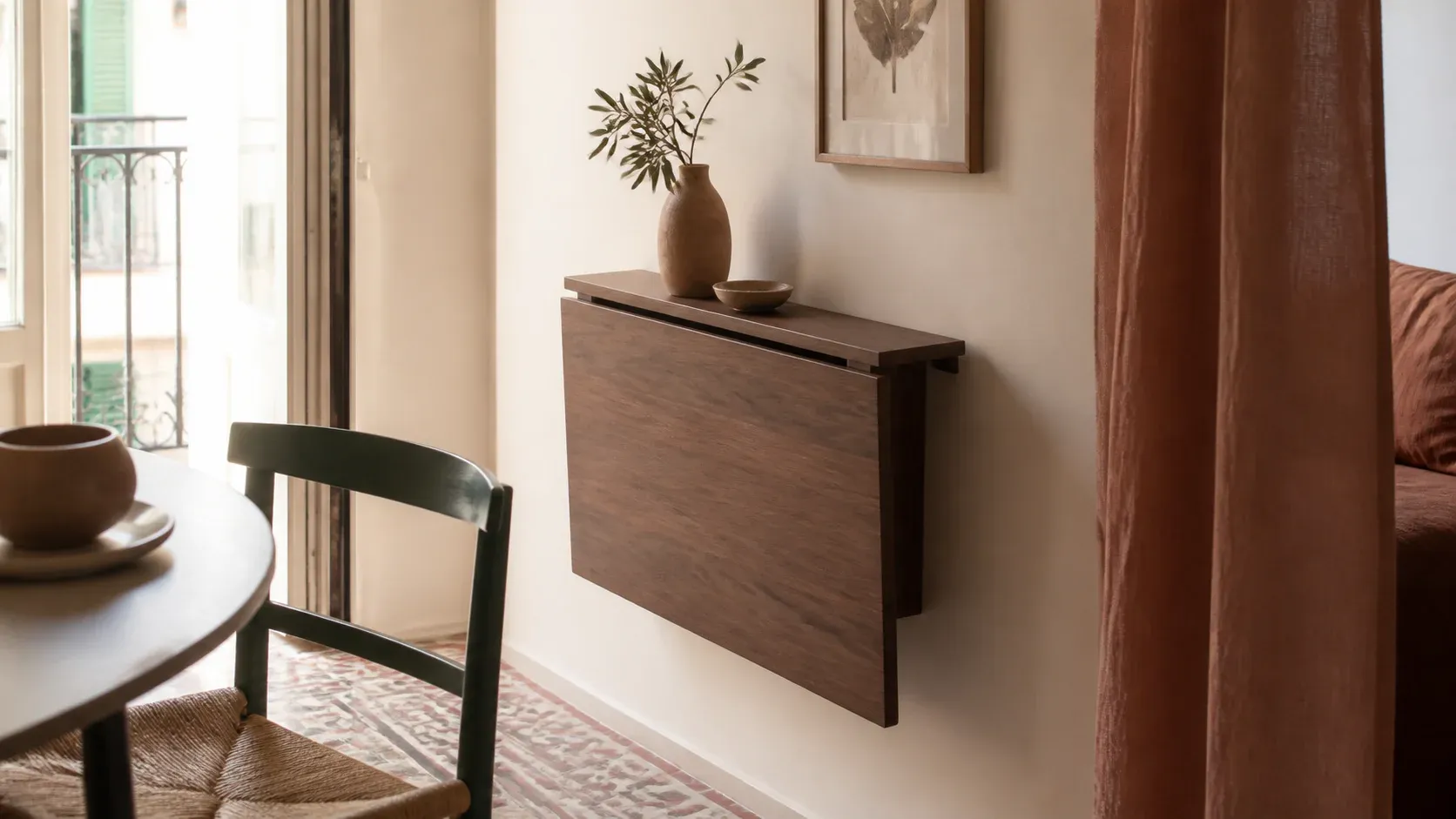 Mesa abatible conceptual cerrada junto a una pared.