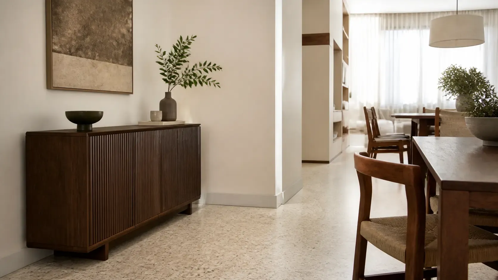 Salón-comedor compacto con un aparador conceptual de poco fondo y el paso despejado.