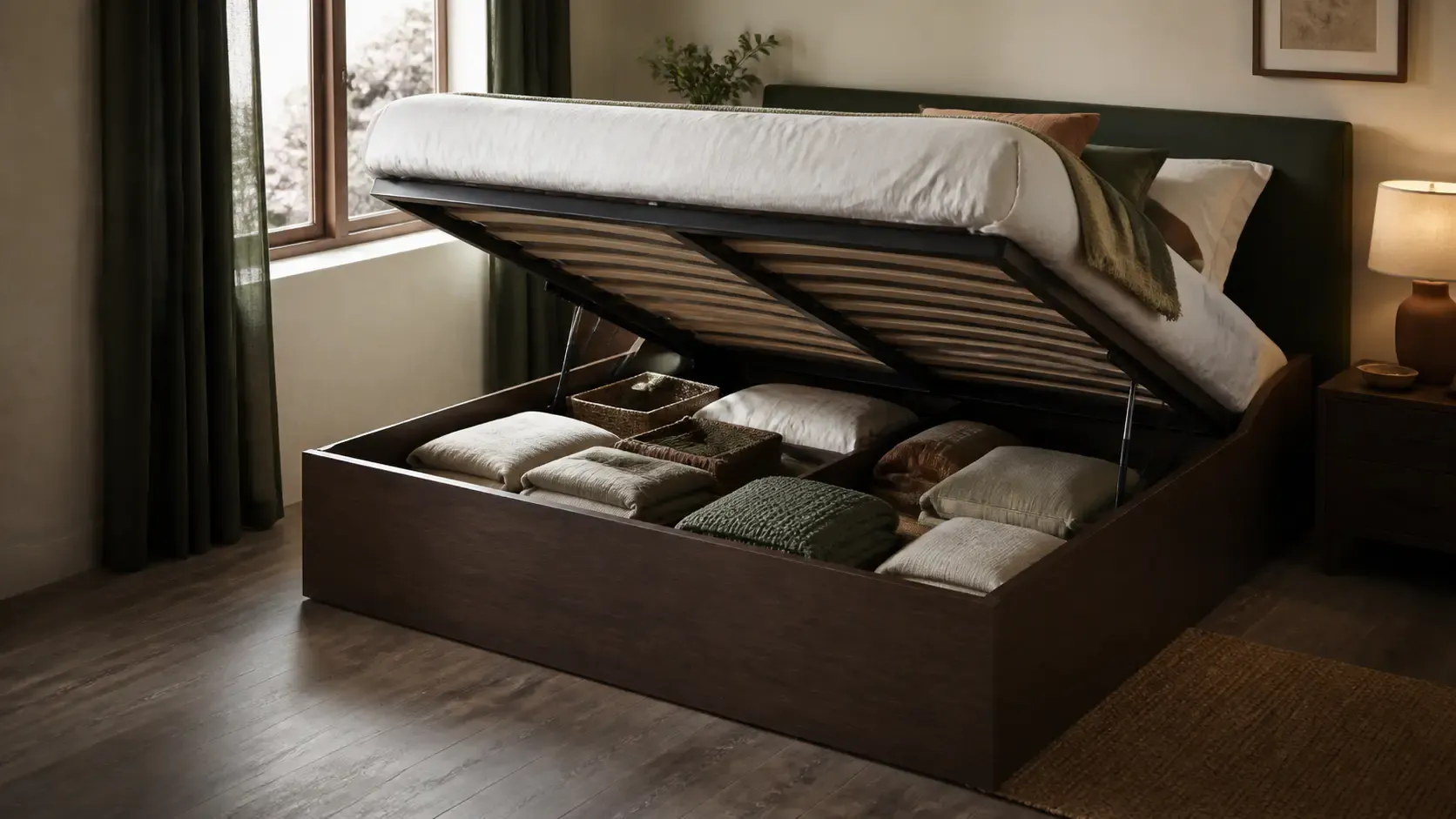 Cama de almacenaje conceptual abierta con textiles ordenados en su interior.