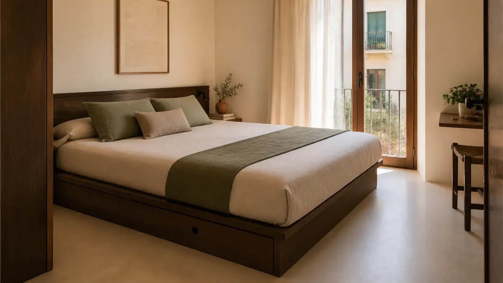 Dormitorio compacto y sereno con una cama de almacenaje conceptual cerrada.