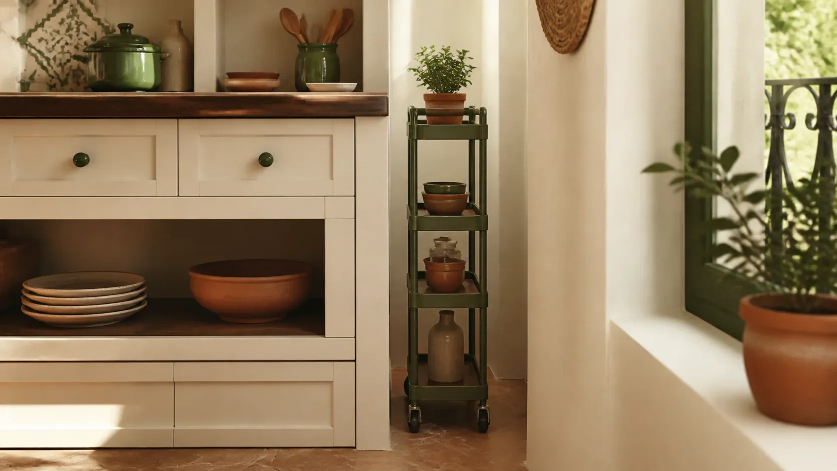 Carrito estrecho conceptual integrado entre muebles de cocina.