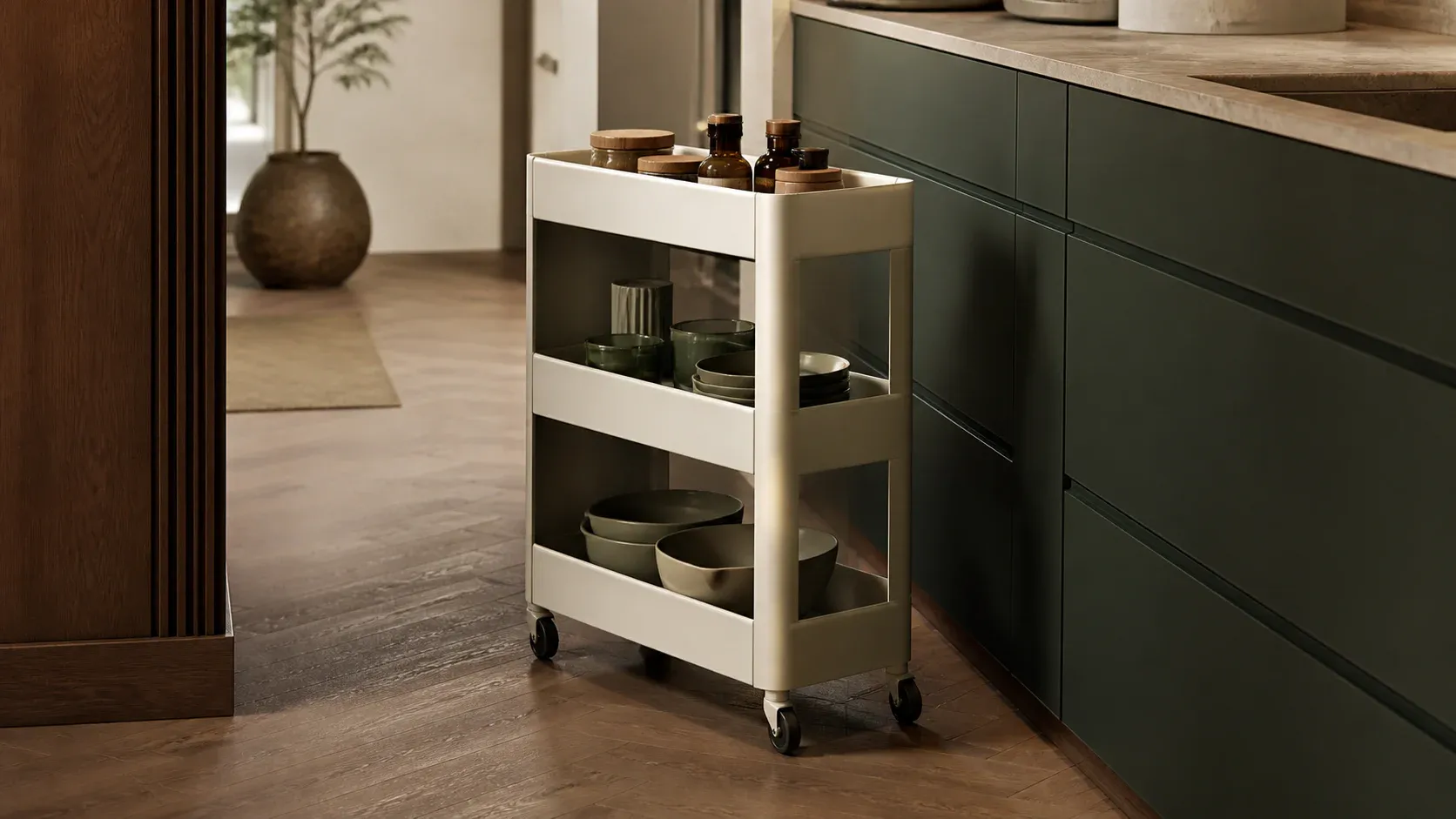 Carrito de cocina conceptual con ruedas y tres niveles.