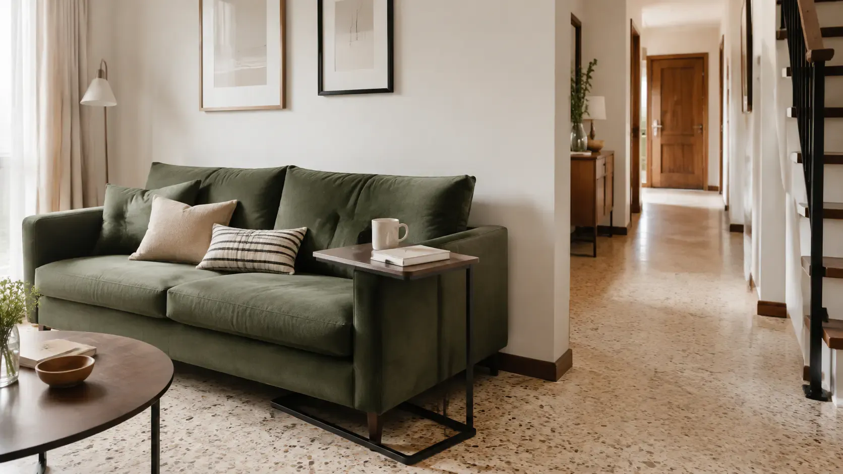 Salón compacto con una mesa auxiliar conceptual en C junto al sofá y el paso lateral libre.