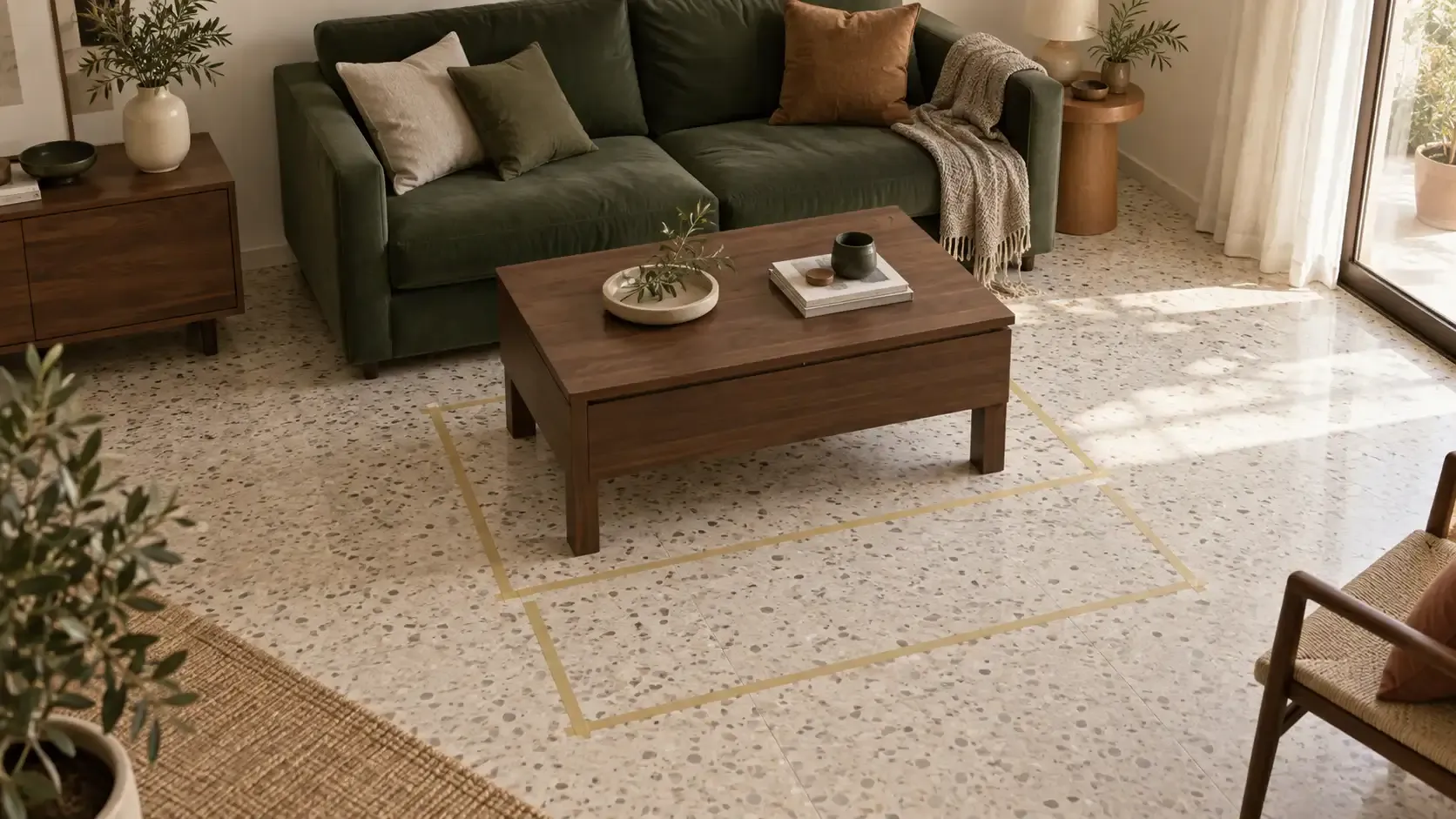 Salón compacto con la huella cerrada y abierta de una mesa de centro elevable conceptual marcada en el suelo.
