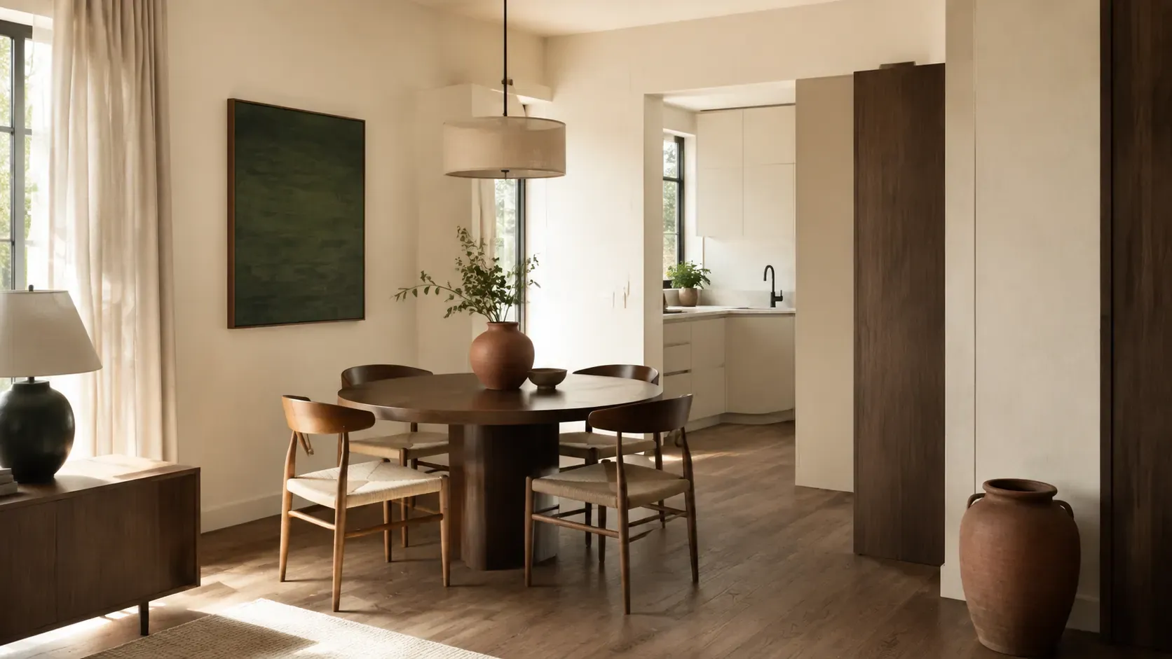 Comedor compacto conceptual con una mesa redonda y un recorrido despejado hacia la cocina.