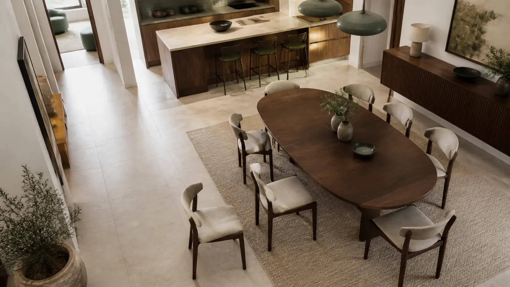 Vista elevada conceptual de una mesa extensible abierta y el espacio que necesitan las sillas.