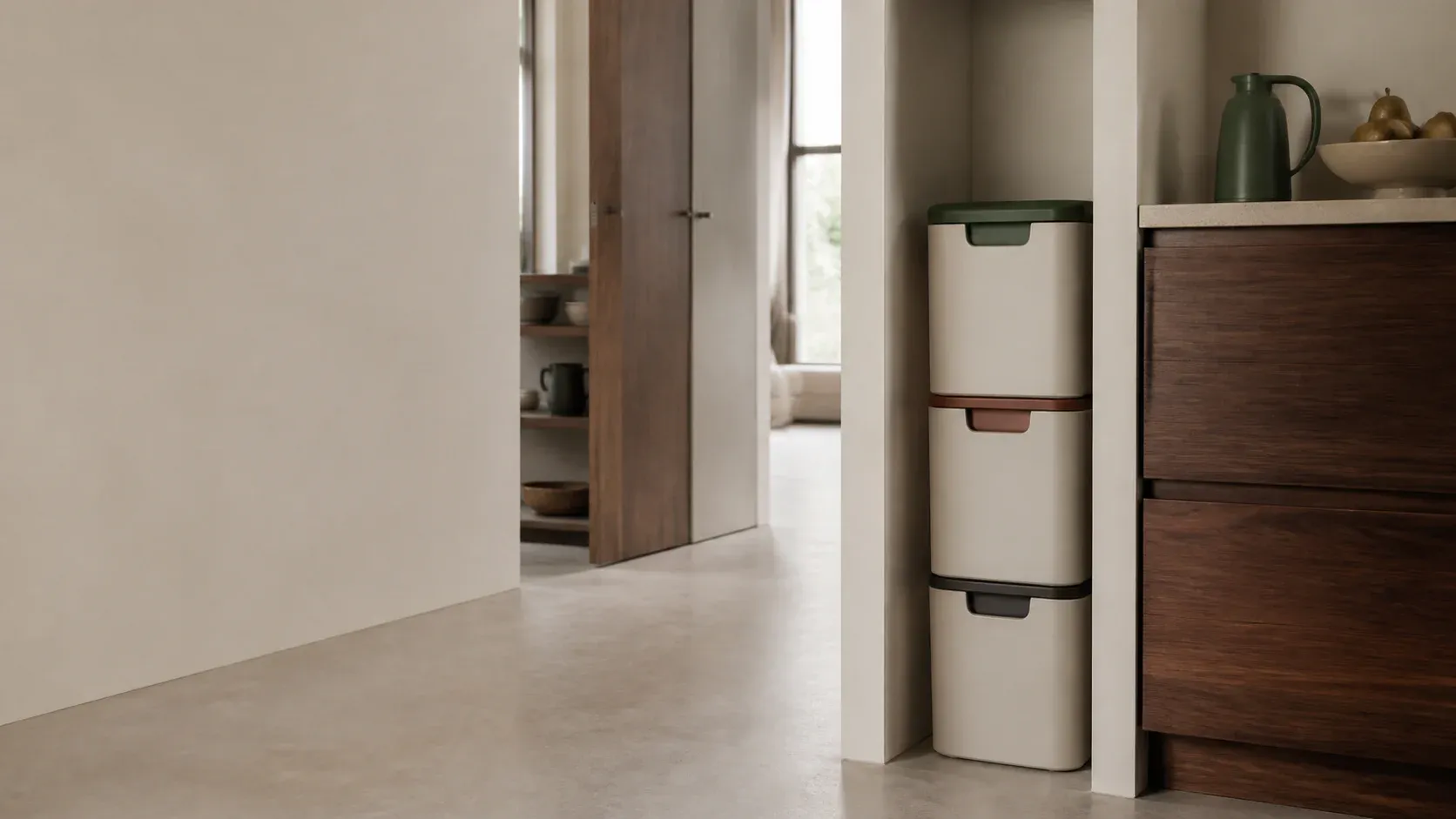 Cocina compacta con una columna conceptual de reciclaje y el paso despejado.