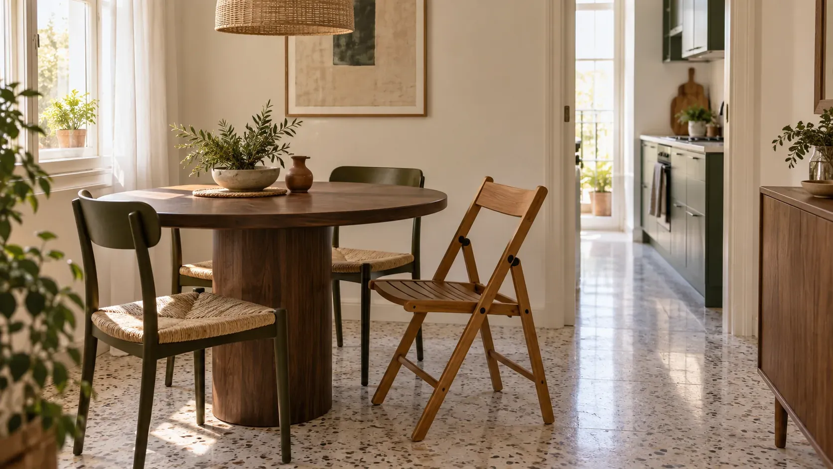 Comedor compacto conceptual con una silla plegable abierta y el recorrido principal despejado.